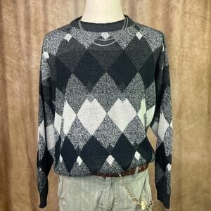 Vintage Argyle Sweater 80s Black & White Diamond Knit Long Sleeve Academia Goth